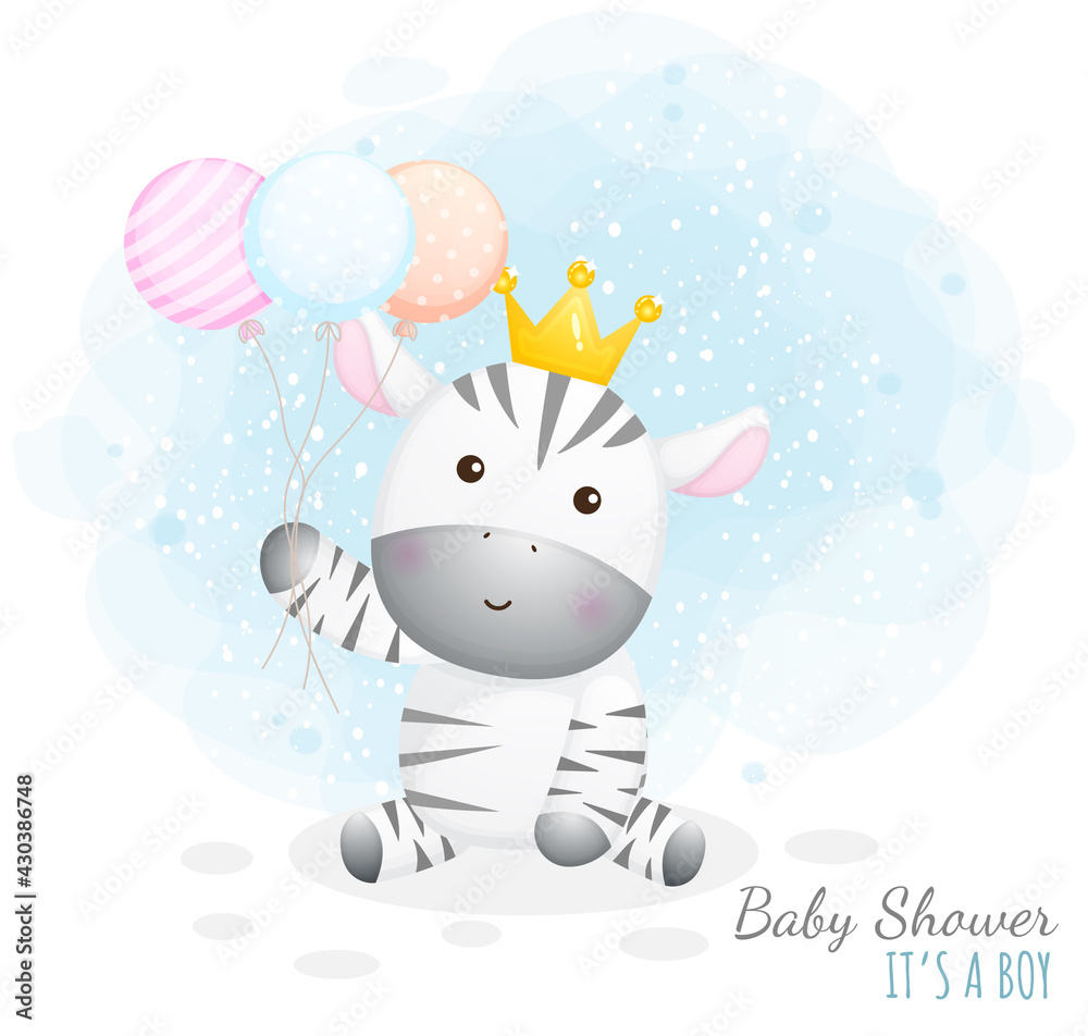 Fototapeta premium Baby shower it's a boy. Cute baby zebra holding balloons Premium Vector