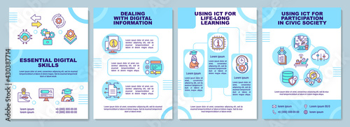 Essential digital skills brochure template. Using ICT for learning. Flyer, booklet, leaflet print, cover design with linear icons. Vector layouts for presentation, annual reports, advertisement pages