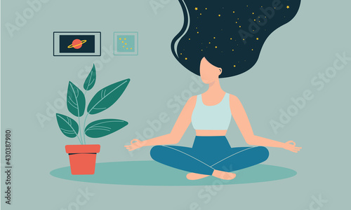 Web/ Vector illustration for landing page, website, application. The girl is meditating. Starry sky in your hair. Meditation with plants