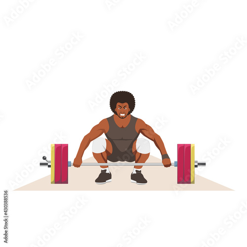An athlete in a semi-squat position holds the bar with both hands. A weightlifter with a formidable expression prepares to lift the barbell. Weightlifting competition scene. Vector flat design.