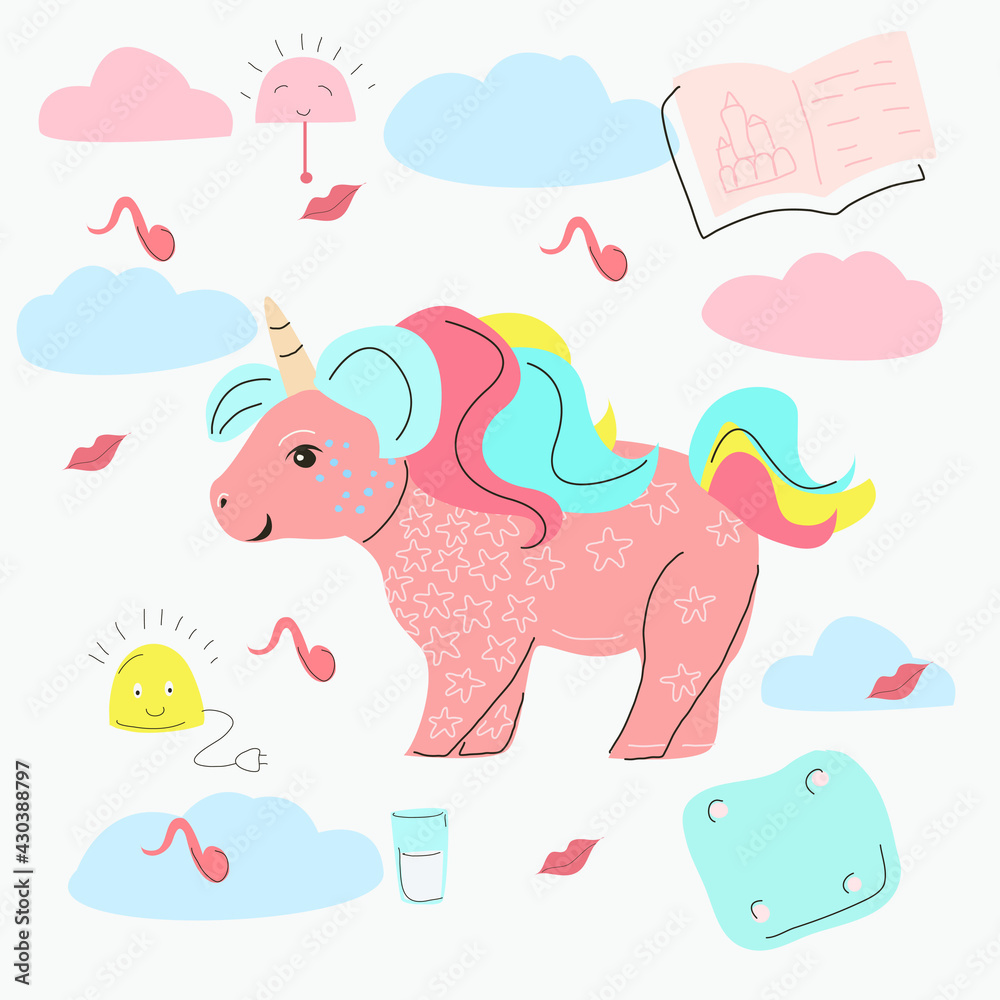 Pink unicorn on a white background with clouds and a pillow and a book. Pink unicorn on a white background with clouds and a pillow and a book.
