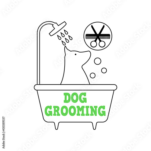 Dog grooming logo design template. The dog is washing in the bathtub. Vector clipart and drawing. Isolated illustration on white background.