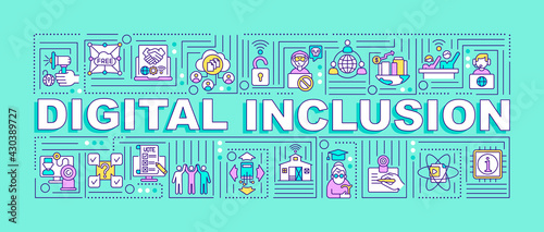 Digital inclusion word concepts banner. Services and devices. Reducing digital exclusion. Infographics with linear icons on mint background. Isolated typography. Vector outline RGB color illustration