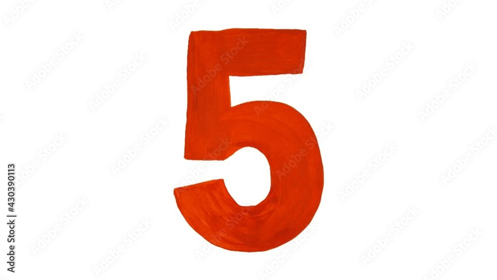 Seconds counter from 1 to 5. Red figures painted by hand are insulated on a white background Seconds counter from 1 to 5. Red figures painted by hand are insulated on a white background