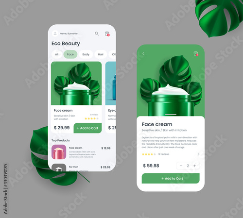 Generic and fictional mobile application for online shopping with interface elements, bright 3d illustration of creme jar with palm leaves