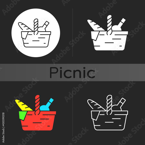 Picnic basket dark theme icon. Heaving picnic hamper. Holding food and tableware. Gathering family for outdoor lunch. Linear white, simple glyph and RGB color styles. Isolated vector illustrations