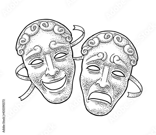Comedy and tragedy theater masks. Vector engraving vintage black illustration