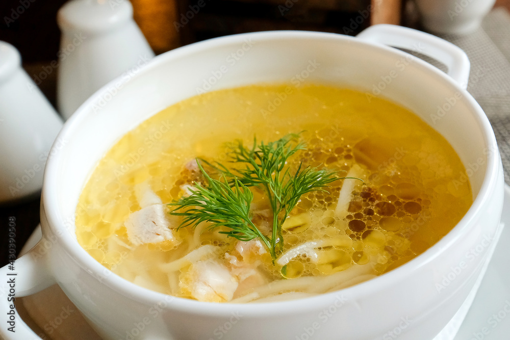 Chicken noodle soup. Small portion, no people Chicken noodle soup. Small portion, no people