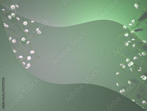 Composition of small, white gypsophila flowers and curly stems and green copy space in form of wave. 3D illustration. 