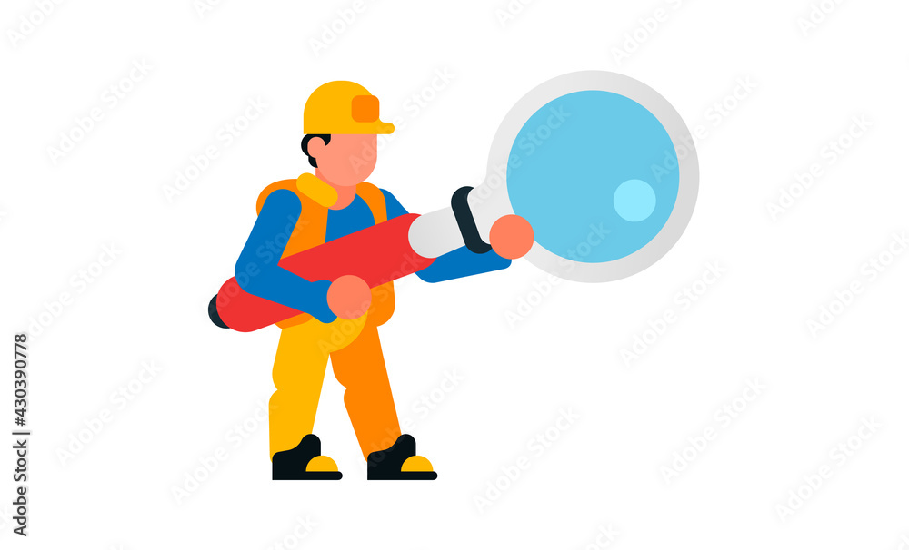 Worker holding a large magnifying glass. Builder with a magnifying glass. Search, research, study, increase, spy. Isolated vector illustration on white background