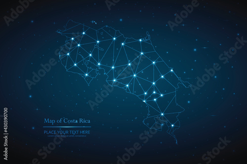 Abstract map of Costa Rica geometric mesh polygonal network line, structure and point scales on dark background. Vector illustration eps 10
