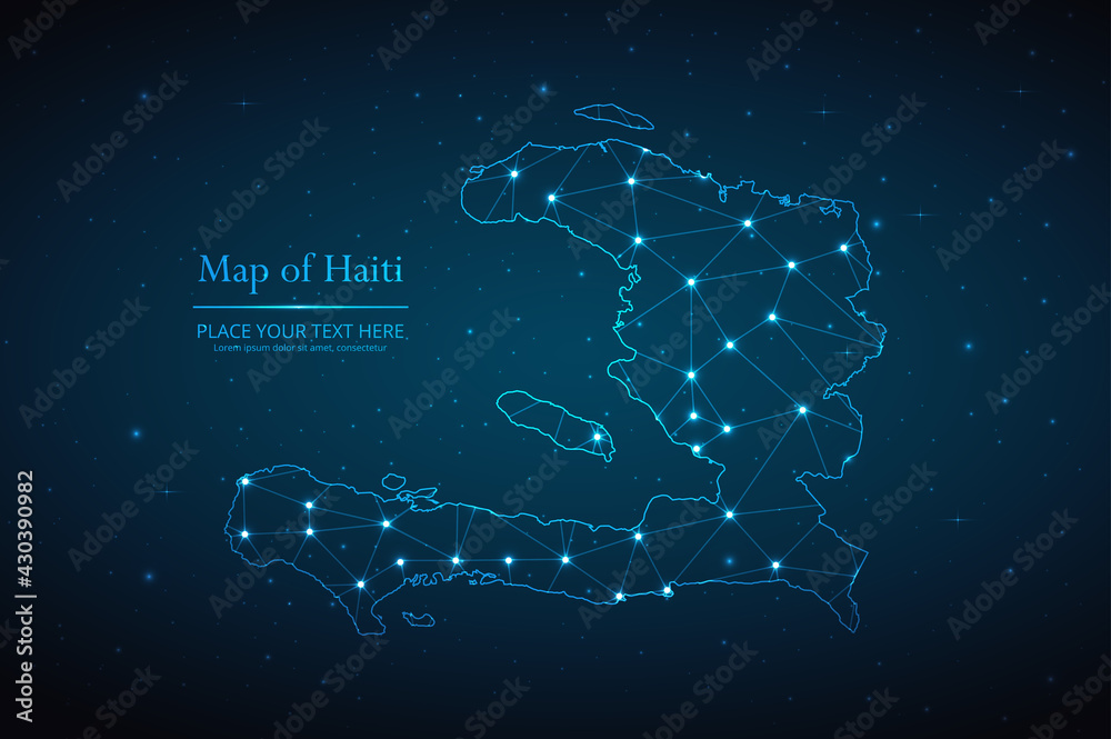 Abstract map of Haiti geometric mesh polygonal network line, structure and point scales on dark background. Vector illustration eps 10 Abstract map of Haiti geometric mesh polygonal network line, structure and point scales on dark background. Vector illustration eps 10