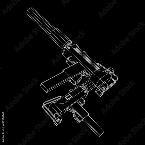 Submachine gun modern firearms pistol with silencer. Wireframe low poly mesh vector illustration.