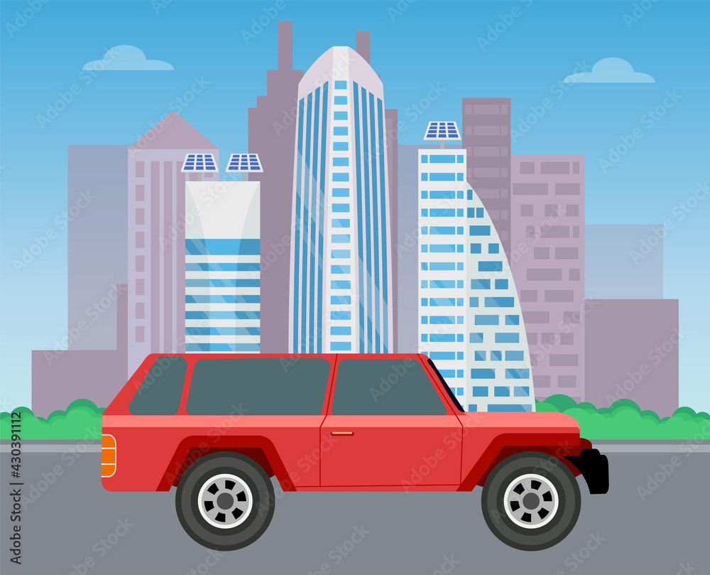 Modern car parking along town street in cartoon style. Vehicles car on city street. Auto on road with buildings. Beautiful automobile in big city. Travel by car. Drive transport. Automotive concept