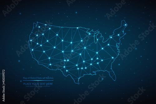 Abstract map of United States of America geometric mesh polygonal network line, structure and point scales on dark background. Vector illustration eps 10
