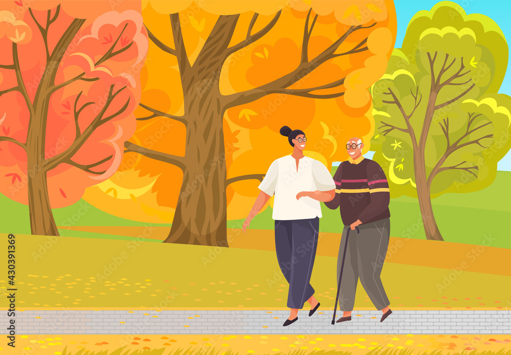 Old man leans on stick and walks with woman in park. Girl take care of man