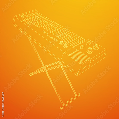 Piano roll analog synthesizer faders buttons knobs. Wireframe low poly mesh vector illustration.