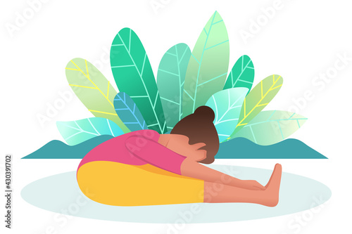 A woman does yoga in nature. In a sitting position, the body leans forward towards the legs. The concept of healthy living and yoga in nature. Flat. Cartoon style. Vector.