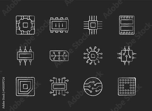 Microcircuits chalk white icons set on black background. Designing modern microcomponents for device creation. Building electronic systems. Isolated vector chalkboard illustrations