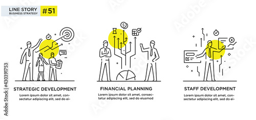 Set of illustrations concept with businessmen. Workflow, growth, graphics. Business development, milestones. linear illustration Icons infographics. Landing page site print poster