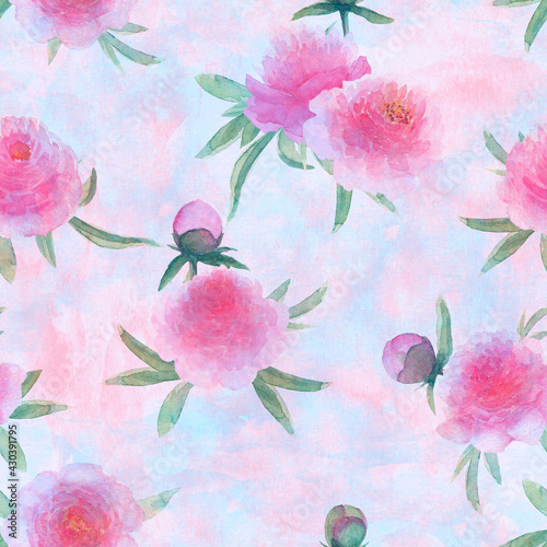 Watercolor pink peonies flo...