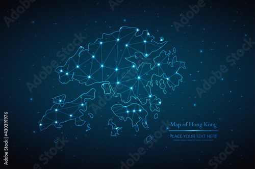 Abstract map of Hong Kong geometric mesh polygonal network line, structure and point scales on dark background. Vector illustration eps 10