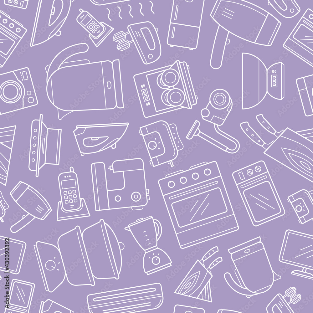 Home machines - Vector background (seamless pattern) of refrigerator, vacuum, microwave, blender, oven, kettle and other appliances for graphic design Home machines - Vector background (seamless pattern) of refrigerator, vacuum, microwave, blender, oven, kettle and other appliances for graphic design