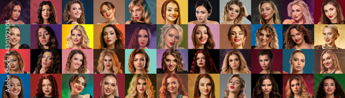 Collage of women and men faces expressing different facial emotions, smiling, unsmiling. Posing on colorful backgrounds © nazarovsergey