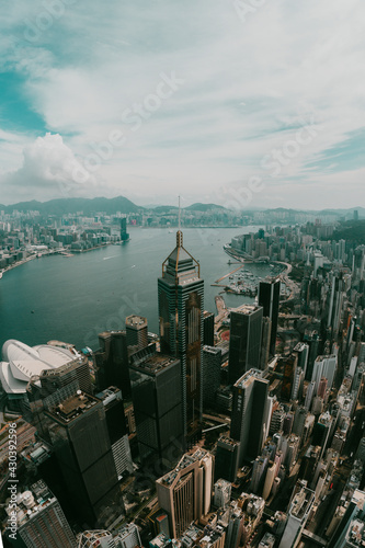 Hong Kong - 13 September 2020: Aerial View of the Central Plaza Building in Hong Kong, Wan Chai District, Hong Kong. photo