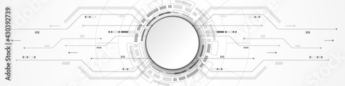 Abstract Technology Background, white circle banner on grey digital circuit board
