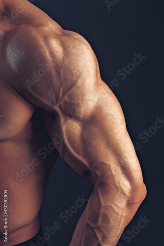 Fitness man background shoulder biceps pectoral muscles triceps bodybuilder on a dark background demonstrates the physical form for classes in the gym