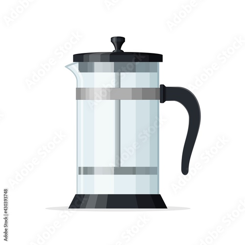 french press coffee pot isolated on white background. Empty glass teapot with piston. Home coffee maker, drink ware. Best for coffee shop and restaurant menu. Vector illustration