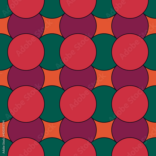 Seamless pattern. Overlapping circles texture. Color figures background. Ethnic motif. Quilts ornament. Geometric backdrop. Digital paper, textile print, web designing. Vector.