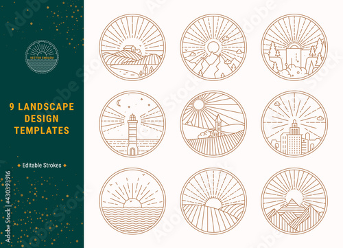 Nature, countryside, urban landscape vector illustrations. Travel concept design templates. Outdoor recreation, travelling places thin line vector emblem for t-shirt design, web services, mobile app.
