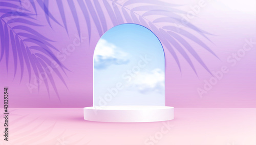 Product display podium decorated with realistic cloud on pastel background