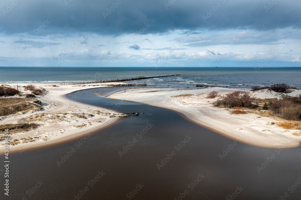 Aerial view of Sventoji river entering Baltic sea, Sventoji, Lithuania. Aerial view of Sventoji river entering Baltic sea, Sventoji, Lithuania.