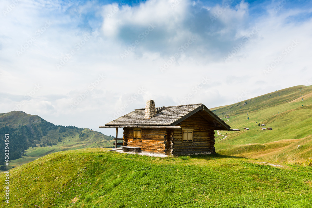 Shelter in the Dolomites mountains, view for Seceda.