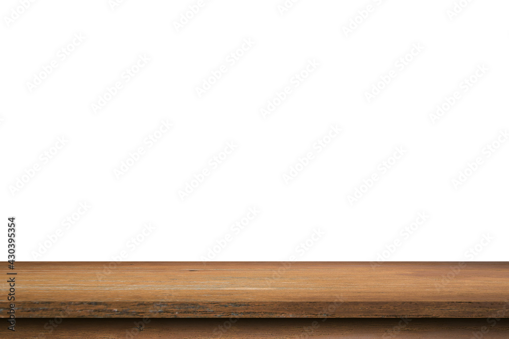 Empty wood table on isolate white background and display montage with copy space for product. Empty wood table on isolate white background and display montage with copy space for product.