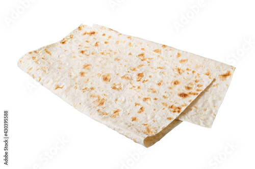 Lavash - tasty hearty healthy Armenian and Turkish unleavened flat bread. Thin pita bread isolated on white background. photo