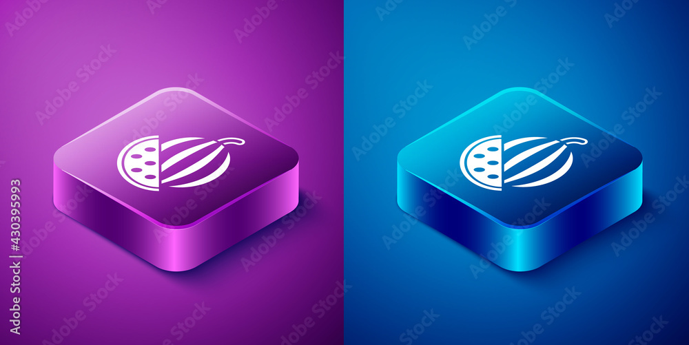Isometric Watermelon icon isolated on blue and purple background. Square button. Vector Isometric Watermelon icon isolated on blue and purple background. Square button. Vector