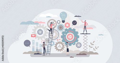 Work operations and teamwork productivity with control tiny person concept. Business project workflow as gear cogwheel mechanism vector illustration. Process automation with effective monitoring. photo