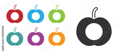Black Peach fruit or nectarine with leaf icon isolated on white background. Set icons colorful. Vector