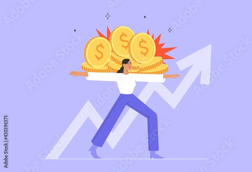Creative young woman holding coins. Flat vector illustration. Implementing a new project, Career success, Investing, Business success, Business metaphor.