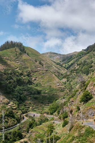 orography madeira island, mountain with agricultural slopes, winding road