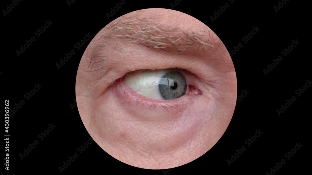 Eye looking around. Man's eye cut out in a circle looking up and down