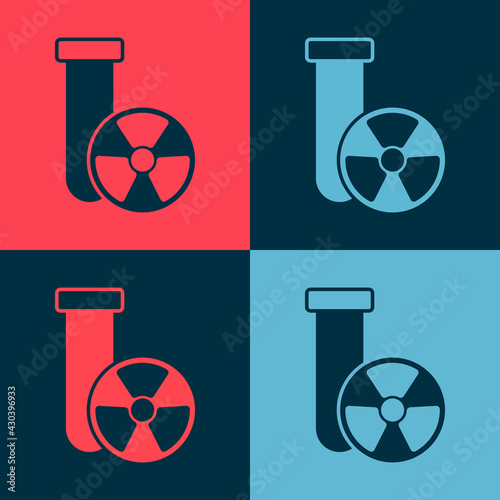 Pop art Laboratory chemical beaker with toxic liquid icon isolated on color background. Biohazard symbol. Dangerous symbol with radiation icon. Vector