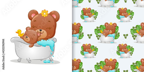 The seamless of the two bear are taking a bath on the bathtub with rubber duck