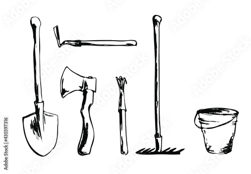 Vector ink line sketch of the gardening tools isolated on a white background