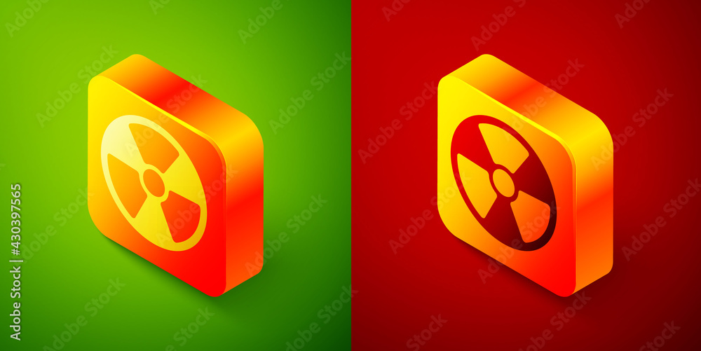 Isometric Radioactive icon isolated on green and red background. Radioactive toxic symbol. Radiation Hazard sign. Square button. Vector Isometric Radioactive icon isolated on green and red background. Radioactive toxic symbol. Radiation Hazard sign. Square button. Vector