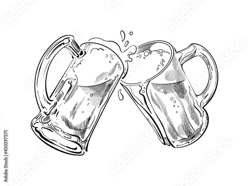 Black and white sketch of two toasting beer mugs. Cheers. Hand drawn vector illustration isolated on white background.